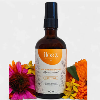 Huile merveilleuse bio après-soleil apaise, nourrit et revitalise la peau après une exposition au soleil. 